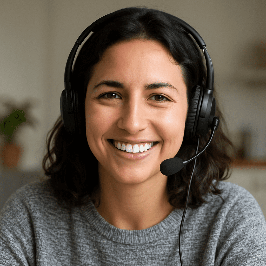 Lina, 27 ans, souriante en visioconférence avec un casque audio