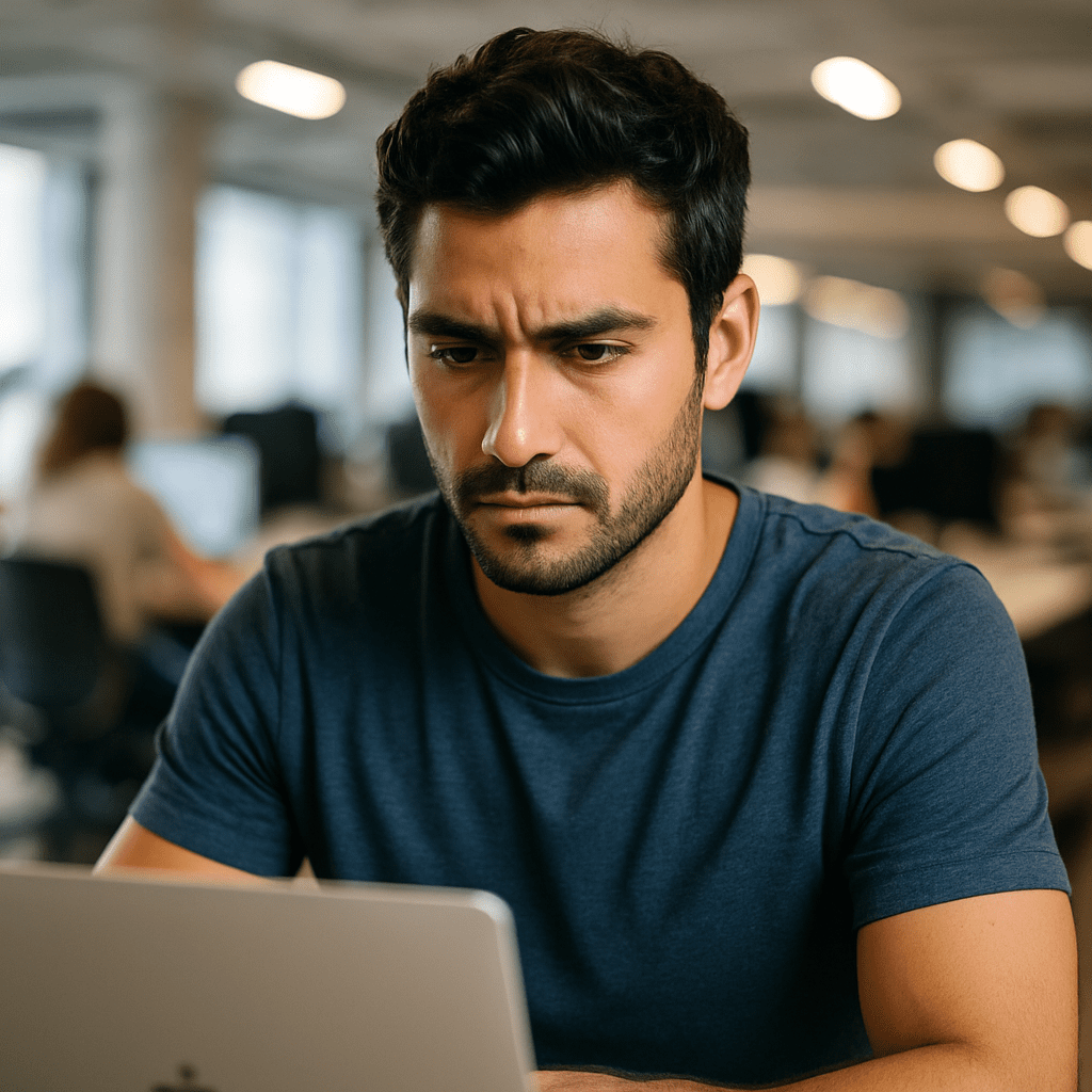 Carlos, 33 ans, en open space avec un ordinateur portable, air concentré