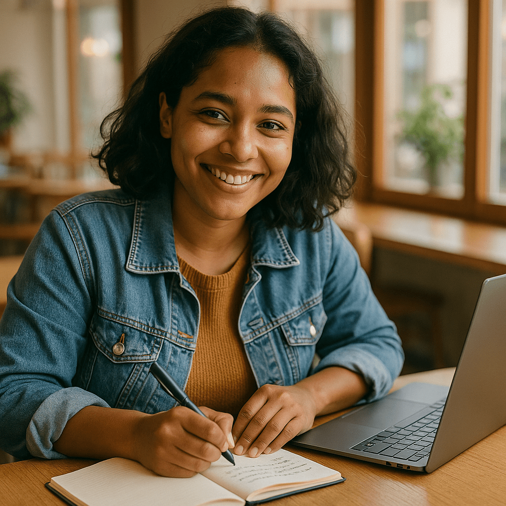 Asha, 29 ans, artiste, carnet et ordinateur dans un café lumineux