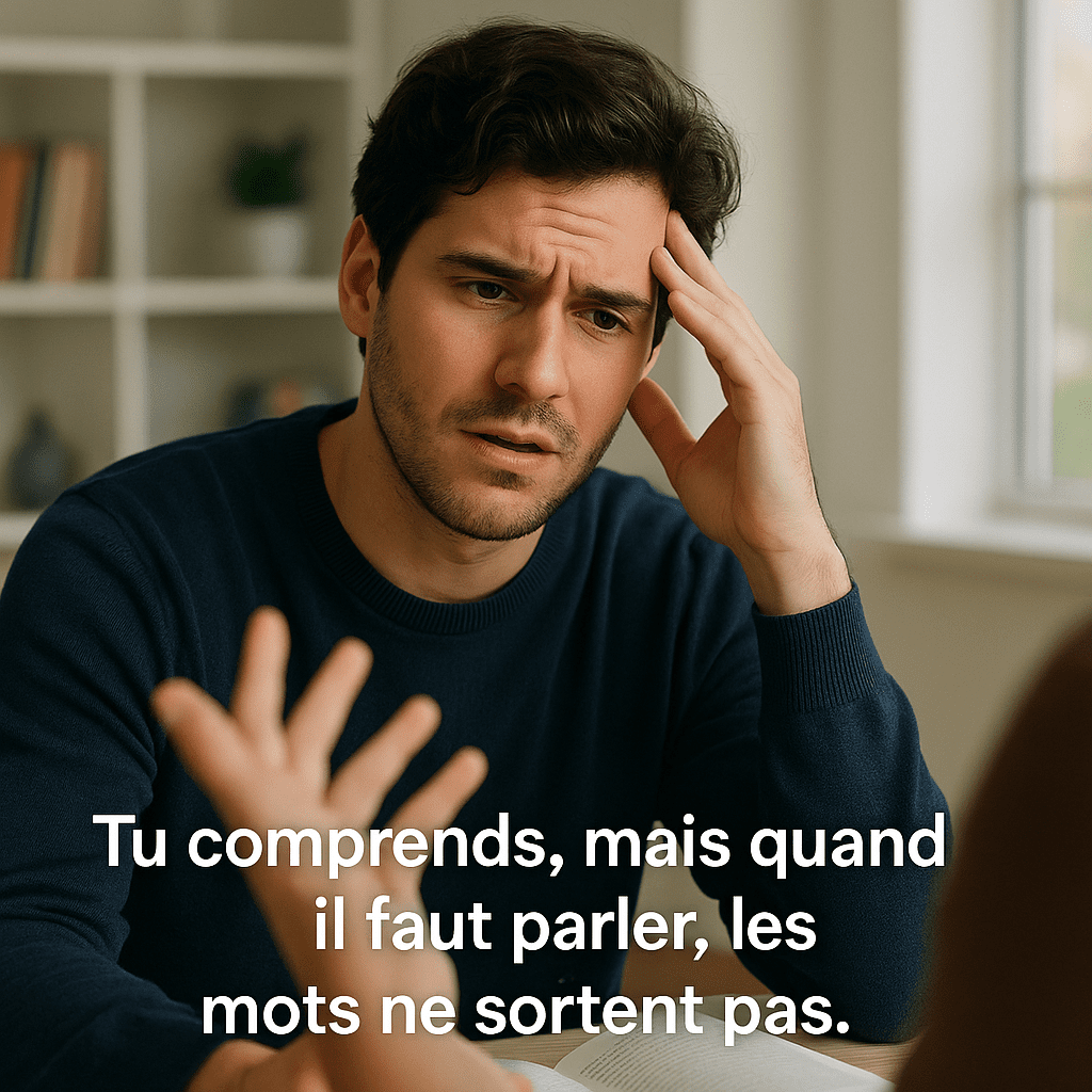 Tu comprends, mais quand il faut parler, les mots ne sortent pas.