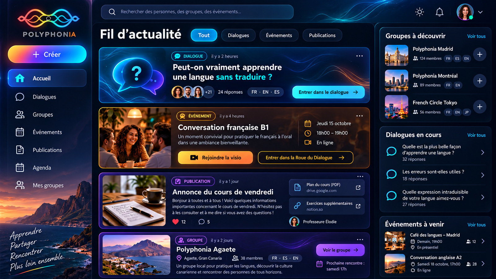 Interface du réseau social Polyphonia